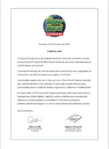 Cancelada a versão presencial do 33º Show Rural