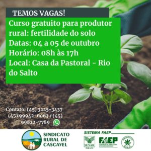 Sindicato Rural com vagas para curso sobre Fertilidade do Solo