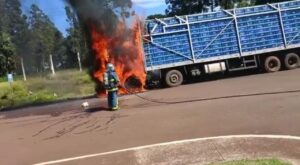 Caminhão carregado com frangos pega fogo em Cascavel