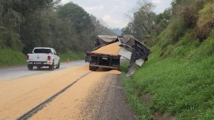 Carga de milho fica espalhada em rodovia após acidente no Paraná