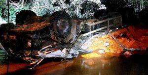 Caminhão carregado com frangos cai de ponte e família morre