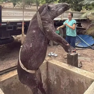 Resgate de anta de 200 kg que caiu em poço leva mais de 6 horas