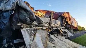 Caminhão carregado com arroz pega fogo na BR-277 e carga é destruída